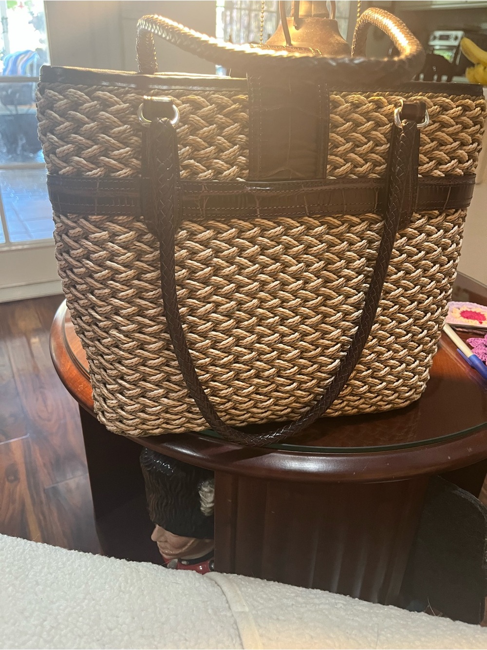 Brighton Beige Woven purse with Brown Leather Trim and Heart Charm - Picture 6 of 12